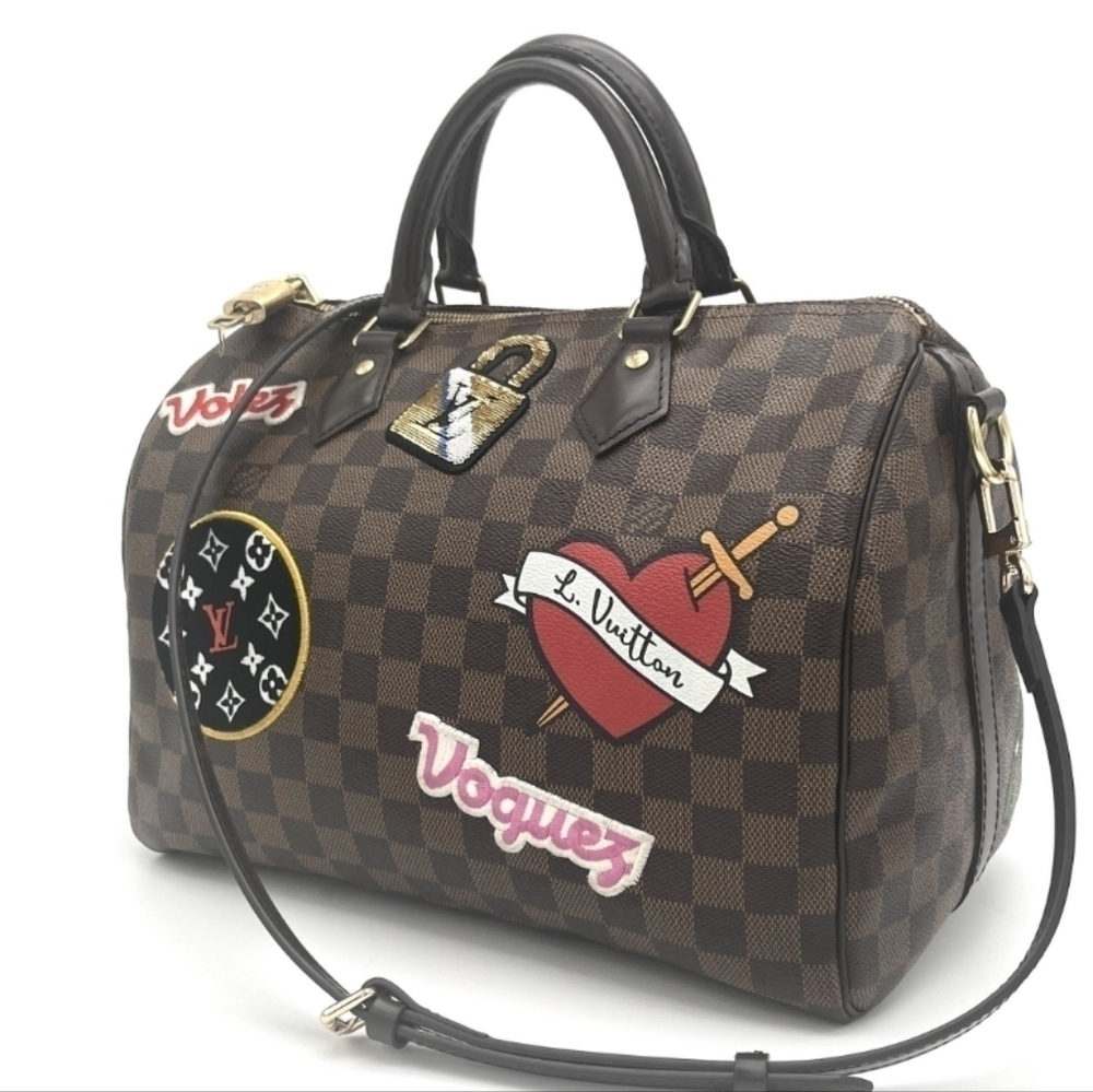 Authentic Louis Vuitton Limited Edition Damier Ebene Patches Speedy Bandouliere